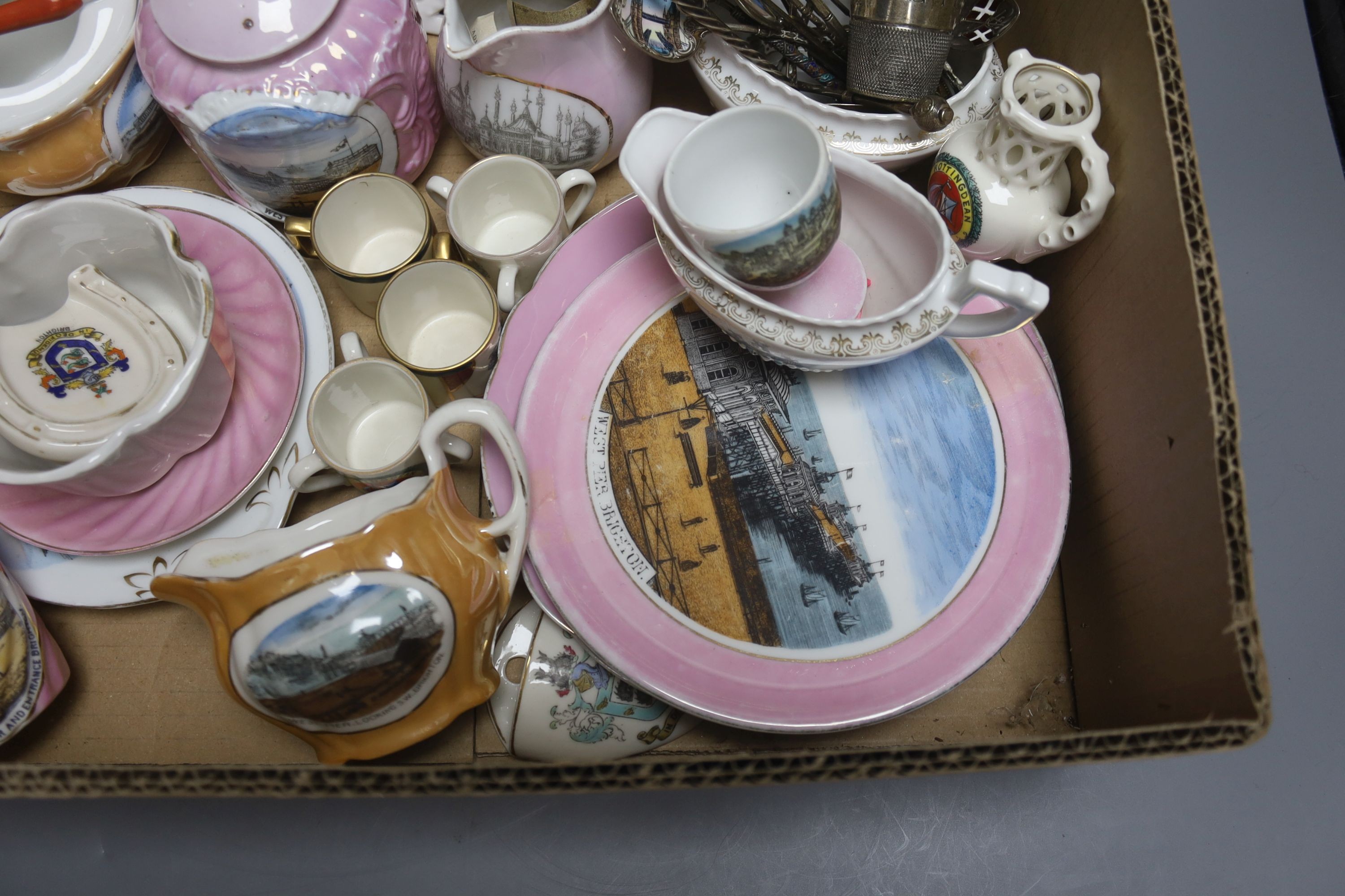 A group of late 19th century Brighton and London souvenir porcelain wares including crested wares
